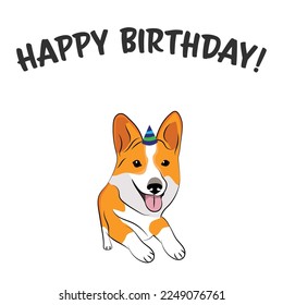 Happy birthday card with dog, holiday design. Present for a dog lover. Funny cartoon dog breed illustration.  Minimalistic greeting card. Fun royal Corgi dog in hat character party postcard.