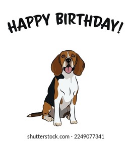Happy birthday card with dog, holiday design. Present for a dog lover. Funny cartoon dog breed illustration.  Minimalistic greeting card. Fun Beagle dog character party postcard.