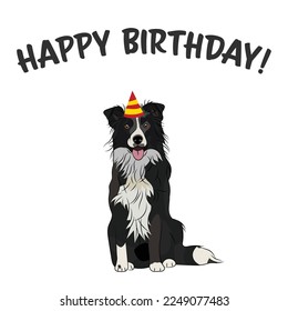 Happy birthday card with dog, holiday design. Present for a dog lover. Funny cartoon dog breed illustration.  Minimalistic greeting card. Fun black border collie dog in hat character party postcard.