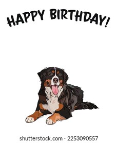 Fröhliche Geburtstagskarte mit Hund, Feriendesign. Present für einen Hundeliebhaber. Cartoon Hunde Rasse Illustration.  Minimalistische Grußkarte. Fan Berner Sennenhund Hundepartkarte. Berner Berg.