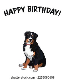 Fröhliche Geburtstagskarte mit Hund, Feriendesign. Present für einen Hundeliebhaber. Cartoon Hunde Rasse Illustration.  Minimalistische Grußkarte. Fan Berner Sennenhund Hundepartkarte. Berner Berg.