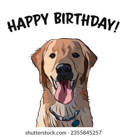 Happy birthday card with a dog, holiday design. Mixed-breed dog illustration on a white background, vector style. Hand-drawn doodles of a golden retriever. Greeting for dog lover. Playful party card.