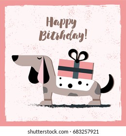 Happy Birthday Card With Dog Illustration 
