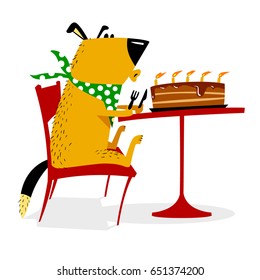 Happy Birthday card for dog. Joyful Dog sits at a table in front of a cake and blows on candles. Cute cartoon illustration