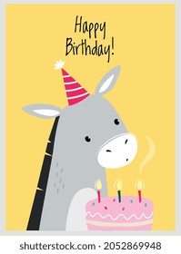 Happy Birthday Card with Donkey in Hat as Farm Animal and Cake with Candles as Holiday Greeting and Congratulation Vector Illustration