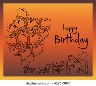 Happy birthday card with doodle balloons and gift boxes.Vector