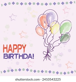 Happy Birthday Card with doodle hand drawn balloons. Vector illustration. water color birthday card