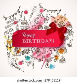 Happy Birthday Card with doodle hand drawn symbols of Birthday party. Vector illustration 