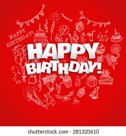 Happy Birthday Card with doodle hand drawn symbols of Birthday party. Vector illustration
