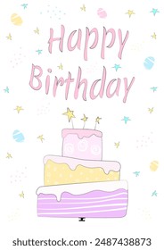 Happy birthday card in doodle style. Card with a picture of a cake drawn in hand-drawn style. Doodle. Cake.