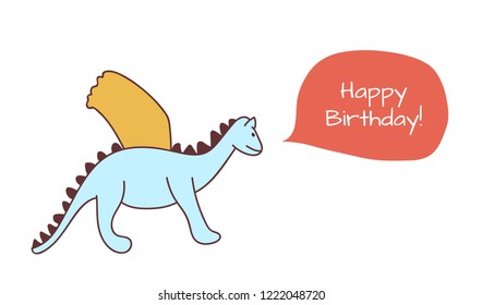 Happy birthday card with dragon in cartoon style. Vector illustration. For print, web, postcard and nursery design.