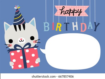 Happy birthday card with empty space for text. Cute cat holding big gift box. Flat design. Vector illustration.