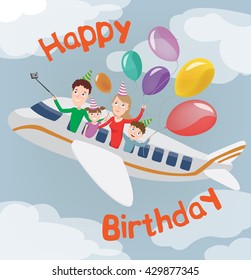 Happy Birthday Card. Family in Plane with Party Balloons. Vector illustration