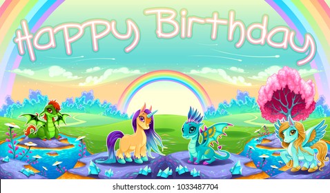 Happy Birthday card with fantasy animals. Vector cartoon illustration.