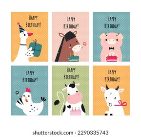 Happy Birthday Card with Farm Animal as Holiday Greeting and Congratulation Vector Set