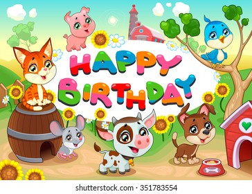 Happy Birthday card with farm animals. Vector cartoon illustration