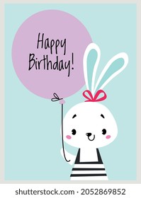Happy Birthday Card with Farm Bunny Animal with Balloon as Holiday Greeting and Congratulation Vector Illustration