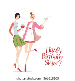 Happy Birthday card with fashionable girls, in cartoon style