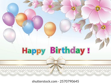 Happy Birthday card. Festive background. Greeting postcard with floral pattern and balloons decorated with ribbon and ornament. Vector illustration