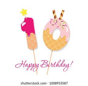 Happy Birthday card. Festive sweet numbers 10. Coctail straws. Funny decorative characters. Vector illustration.