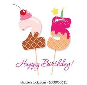Happy Birthday card. Festive sweet numbers 25. Coctail straws. Funny decorative characters. Vector illustration.