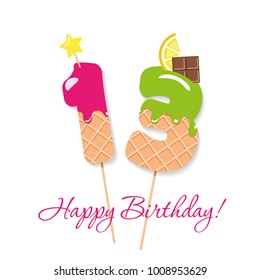Happy Birthday card. Festive sweet numbers 13. Coctail straws. Funny decorative characters. Vector illustration.