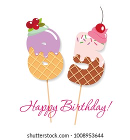Happy Birthday card. Festive sweet numbers 85. Coctail straws. Funny decorative characters. Vector illustration.