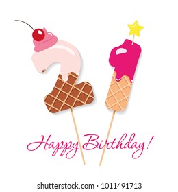 Happy Birthday card. Festive sweet numbers 21. Coctail straws. Funny decorative characters. Vector