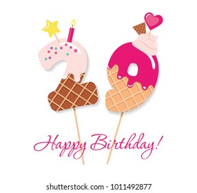 Happy Birthday card. Festive sweet numbers 29. Coctail straws. Funny decorative characters. Vector