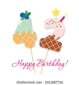 Happy Birthday card. Festive sweet numbers 42. Coctail straws. Funny decorative characters. Vector illustration