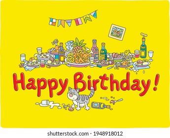 Happy birthday card with festive tableful of various drinks and tasty food after a noisy and funny party, vector cartoon illustration