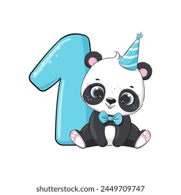 HAPPY birthday card for first birthday with panda. Vector illustration.