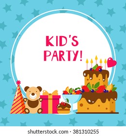 Happy Birthday card. Flat vector illustration. Kids party and celebration design elements. Frame.