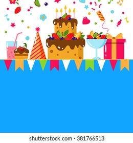 Happy Birthday card. Flat vector illustration. Kids party and celebration design elements.Holiday background.