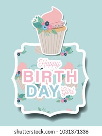 happy birthday card with floral decoration and cupcake