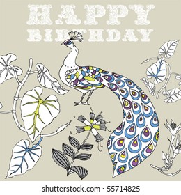 happy birthday card  with flower and peacock