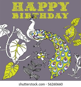 happy birthday card with flower and peacock
