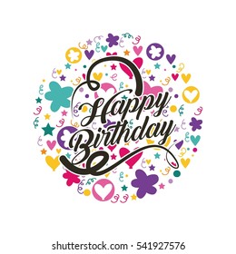 happy birthday card with flowers and hearts icons over white background. colorful design. vector illustration