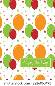 Happy Birthday card. Flying balloons and falling confetti. White background. 