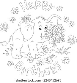 Happy birthday card with flying merry butterflies and a friendly smiling cute little elephant holding a beautiful bouquet of summer flowers, black and white outline vector cartoon illustration