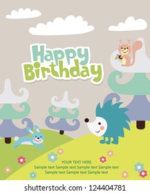 happy birthday card. forest friends. vector illustration