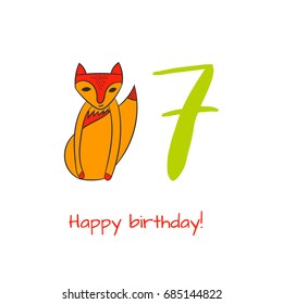 Happy birthday card with fox in hand drawn style for cards, fabric and nursery decor. Vector illustration. Isolated on white background