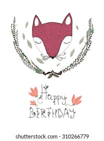 Happy Birthday card with fox and wreath