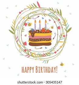 happy Birthday card. frame from plants. birthday cake with candles