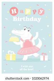 happy birthday card with fun crocodile. vector illustration