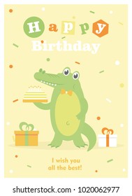 happy birthday card with fun crocodile. vector illustration