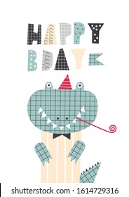 Happy birthday card with fun crocodile. Print with cute alligator. Vector illustration. Lettering HAPPY BIRTHDAY.