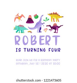 Happy Birthday card with fun dinosaur, Dino arrival announcement, greetings in Vector illustration