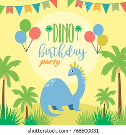 Happy Birthday card with fun dinosaur. Vector illustration