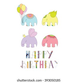 Happy birthday card with fun elephants and abstract circles.
Cartoon style.childish. Funny colorful letters.Design for calendar, poster, and sticker.Vector illustration
